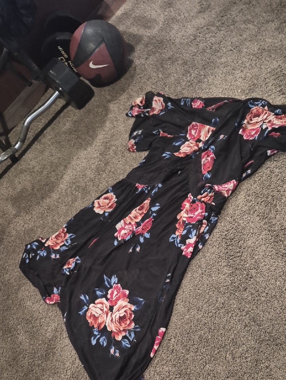 Black Floral Maxi Dress with Pink Rose Print